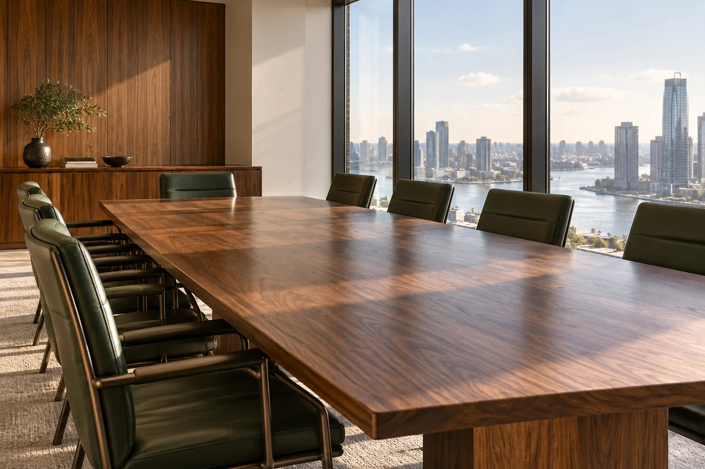An empty conference room with a wooden table and tall windows