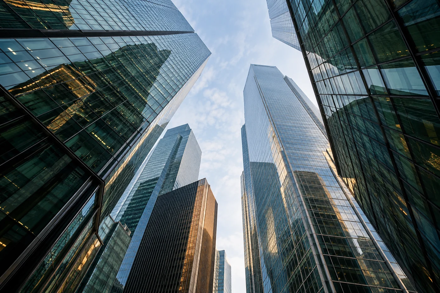 Modern glass office towers viewed from a financial district street