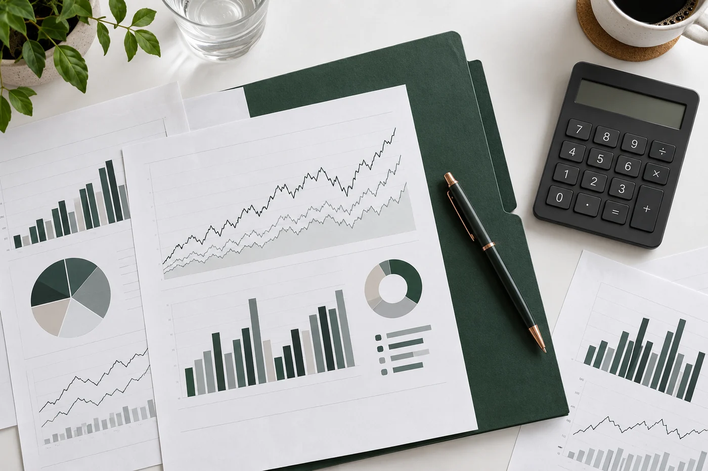 Financial charts, a green folder, and a calculator arranged for a document review